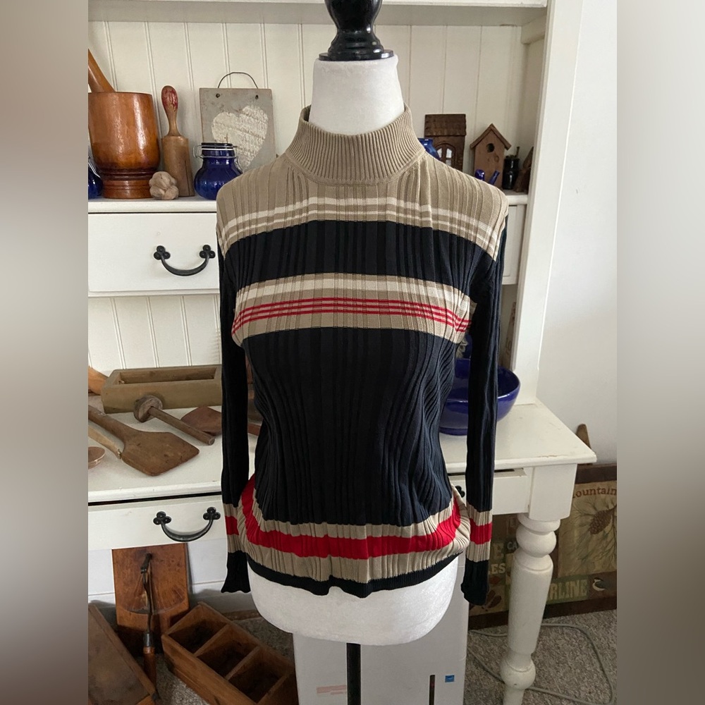 Striped Mock Neck Ribbed Sweater - Black, Beige & Red